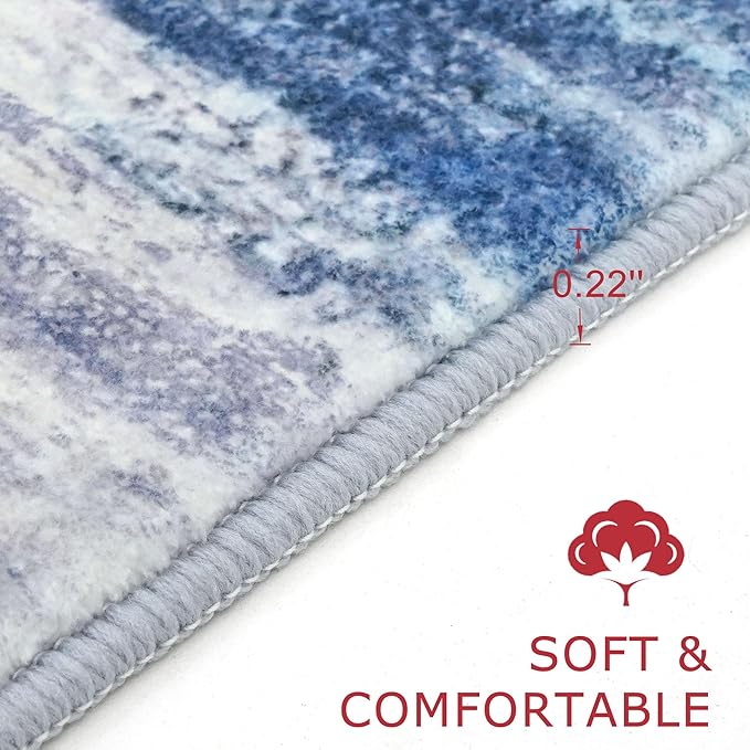 KOZYFLY Modern Abstract Washable Rug Runner 2x5 Hallway Rug Runner Non-Slip Soft Kitchen Runner Rugs, Blue/Grey/Beige Striped Carpet for Entryway Bathroom Laundry Room Foyer