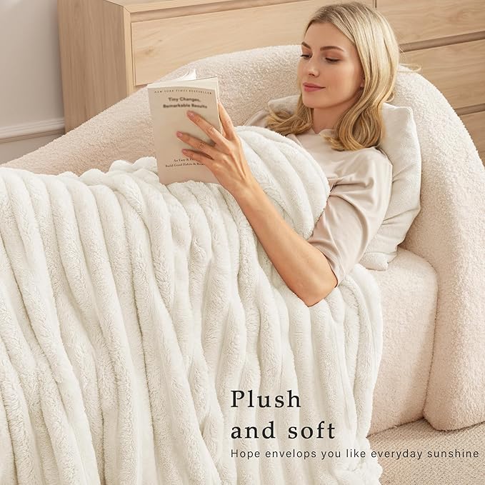 Exclusivo Mezcla King Size Flannel Fleece Blanket, Super Soft Striped Jacquard Bed Blanket, Lightweight Fuzzy Cozy for All Seasons, 90x104 Inches, Ivory