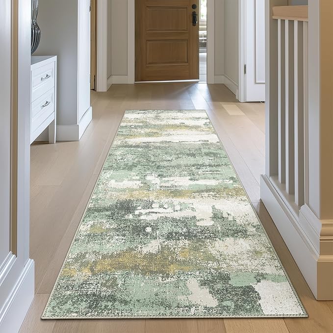 BEIMO Runner Rug for Hallway Kitchen, 2'6"x8' Machine Washable Runners Rug for Entryway, Soft Modern Abstract Throw Rugs, Low Pile Floor Cover with Non Slip Backing, Light Green