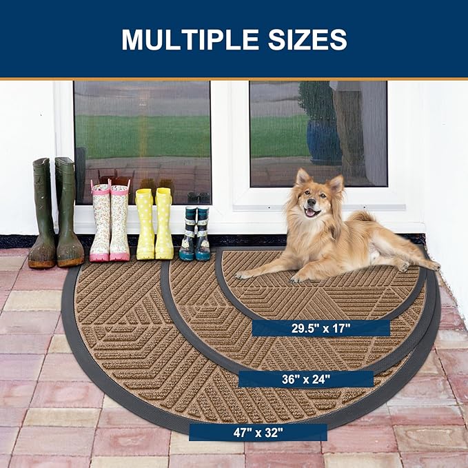Smiry Half Circle Front Door Mat Outside Entrance, Heavy Duty Sturdy Natural Rubber Doormat, Trap Dirt and Moisture, Low Profile Mats for Indoor Outdoor Entry, Irregular Triangle (47x32, Coffee)