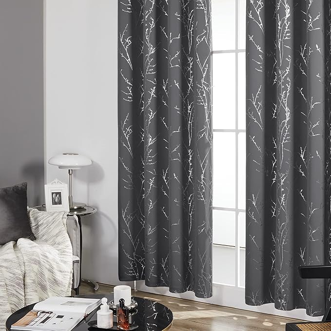 Deconovo Blackout Curtains Grey, Thermal Insulated Soundproof Drapes, Silver Branch Foil Print, 42 x 63 Inch, 2 Panels, Machine‑Washable Privacy Window Panel for Living Room Bedroom Nursery Office