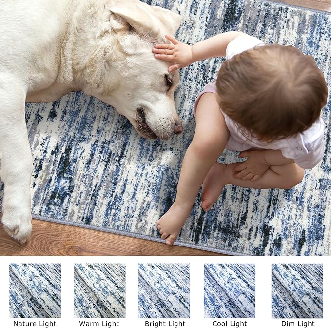 Lansny Modern Abstract Runner Rug 3x10, Grey Blue White Washable Kitchen Runner Non-Slip Soft Hallway Rug Runner Thin Print Faux Wool Carpet for Entryway Bedroom Laundry Room Indoor Home Office Decor