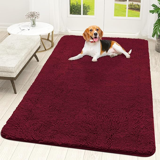 OLANLY Dog Door Mat for Muddy Paws 70x46, Absorbs Moisture and Dirt, Absorbent Non-Slip Washable Doormat, Quick Dry Chenille Mud Mat for Dogs, Entry Indoor Entryway Carpet for Inside Floor, Burgundy