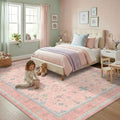 Washable Pink and Blue 7x9 Boho Rugs for Bedroom Girls, Living Room Kids Playroom Nursery Room, Modern Floral Distressed Design, Soft Low Pile Non Slip Stain Resistance Carpet