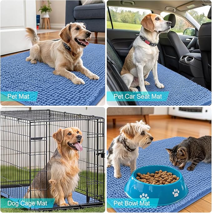 OLANLY Dog Door Mat for Muddy Paws 48x30, Absorbs Moisture and Dirt, Absorbent Non-Slip Washable Doormat, Quick Dry Chenille Mud Mat, Entry Indoor Entryway Carpet for Inside Floor, Cornflower Blue