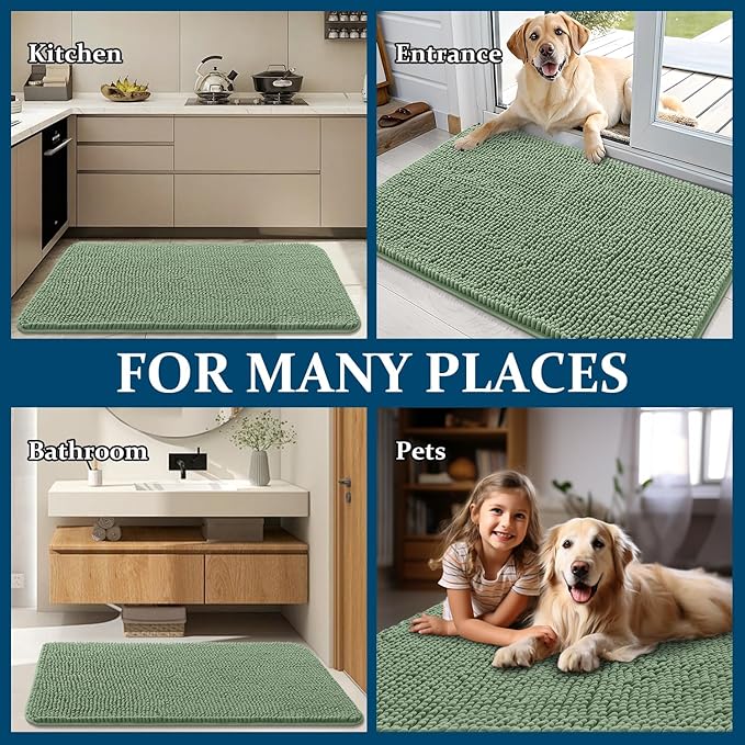 OLANLY Dog Door Mat for Muddy Paws 40x32, Absorbs Moisture and Dirt, Absorbent Non-Slip Washable Doormat, Quick Dry Chenille Mud Mat, Entry Indoor Entryway Carpet for Inside Floor, Olive Green