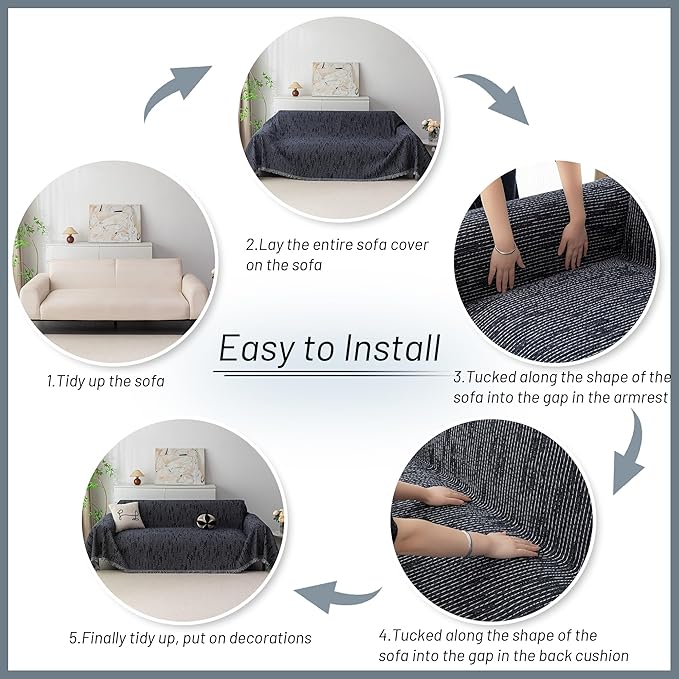 MYSKY HOME Couch Covers for 2 Cushion Couch Sofa, Chenille L Shape Sectional Couch Cover - Pet-Friendly, Machine Washable, Non-Slip Sofa Protector for Dogs, Kids, 71"x118", Navy