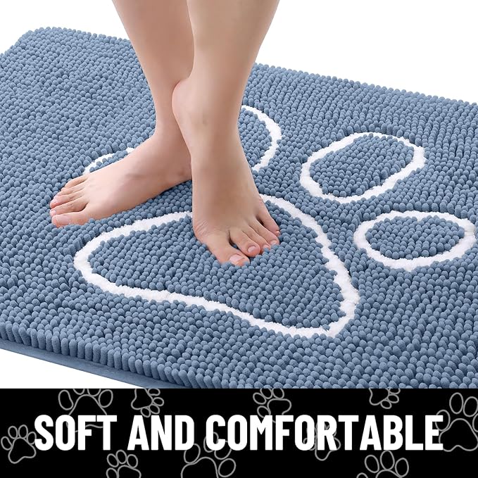 Smiry Dog Door Mat for Muddy Paws, Absorbent Dirt Trapper Non Slip Quick Dry Washable Chenille Mat for Mud Dogs, Entry Rug for Indoor and Outdoor (70x24 Inches, Airy Blue and White)