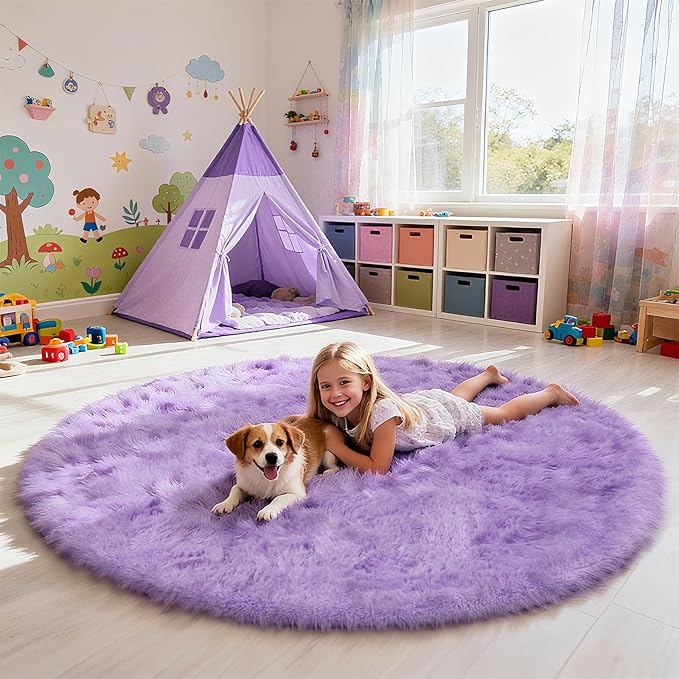yulidayang Purple Fluffy Round Area Rugs for Bedroom,6'X6'Shag Circle Area Rugs for Girls Room,Non Slip Fuzzy Plush Rug for Kids Room Living Room and Dorm Home Decor Rug