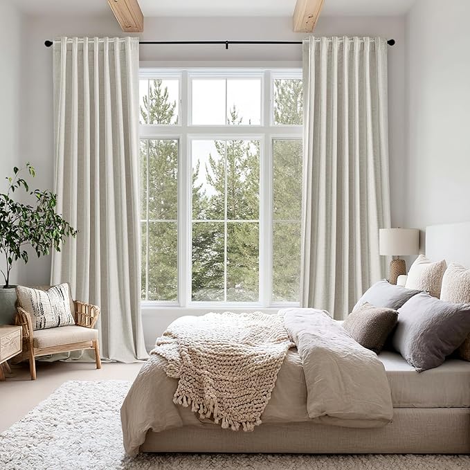 MIULEE 100% Blackout Linen Curtains for Bedroom, Light Cream Solid Luxury Decor Thermal Insulation Room Darkening Drapes for Living Room Nursery Back Tab Rod Pocket 42 x 84 Inches, 2 Panels