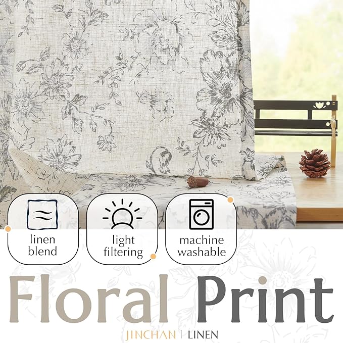 jinchan Linen Blend Curtain Floral Curtains for Living Room 54 Inch Length Grey Printed Curtain Rod Pocket Back Tab Farmhouse Peony Flower Patterned Drapes Bedroom Window Curtains Set 2 Panels