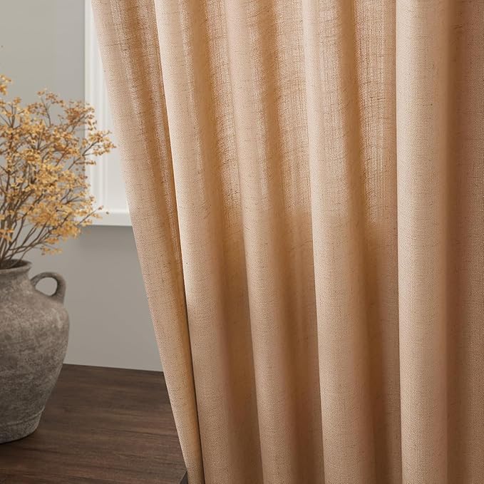 Nanspring Camel Linen Curtains for Living Room 94 Inches Long Back Tab and Rod Pocket Light Filtering Semi Sheer Vintage Rustic Curtain Luxury Boho Decor Drapes for Bedroom Office 52x94, 2 Panels