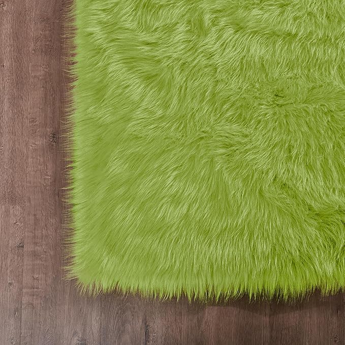 Goolela Lime Green Fluffy Fur Rug 3x5 for Bedroom Playroom Bedside Fuzzy Furry Faux Sheepskin Rug Shag Décor Rectangle