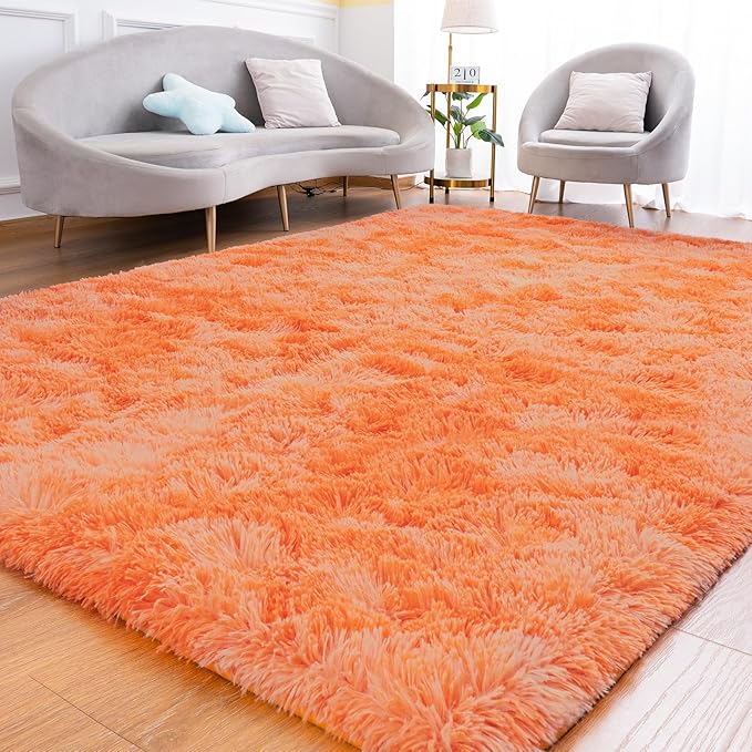 Goideal Fluffy Rug for Bedroom Living Room, 3x5 Orange Area Rugs, Faux Fur Shag Modern Carpet Ultra Soft Girls Boys Room Home Decor, Tie-Dyed
