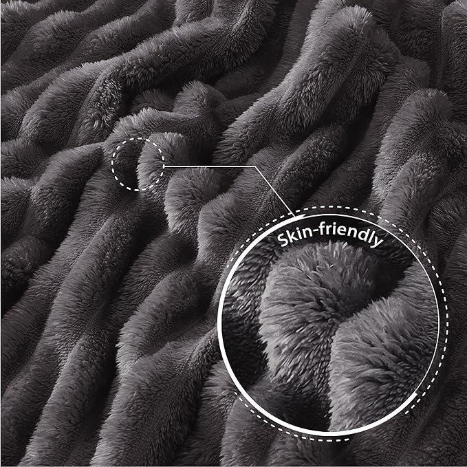 Exclusivo Mezcla King Size Flannel Fleece Blanket, Super Soft Striped Jacquard Bed Blanket, Lightweight Fuzzy Cozy for All Seasons, 90x104 Inches, Dark Grey
