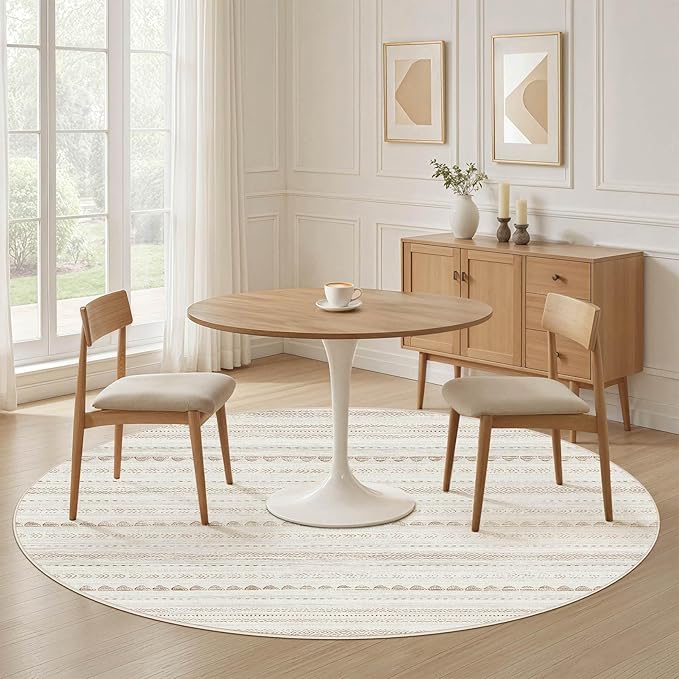 Nakagishi Round Rug Boho Area Rugs: 4x4 Washable Large Circle Neutral Soft Stain Resistant Non-Slip Carpet for Women Aged 25-45 Farmhouse Decor Enthusiasts - Living Room Bedroom Dining Room Nursery