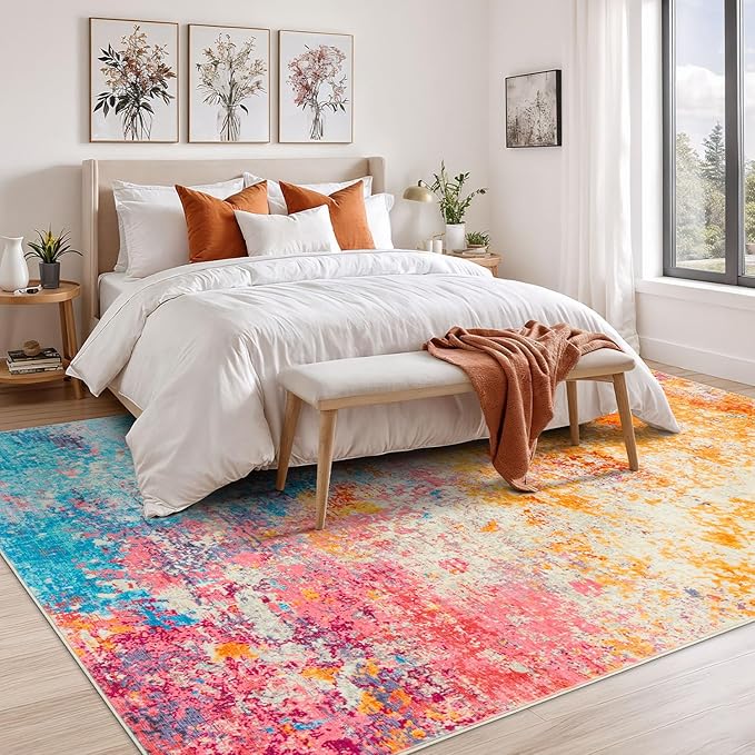 Rugflix 4x6 Area Rugs for Living Room, Washable Large Multicolor Rug Stain-Resistant Low Pile, Modern Carpet for Dining Room Home Office Kid Room Nursery Bedroom, Colorful Rainbow