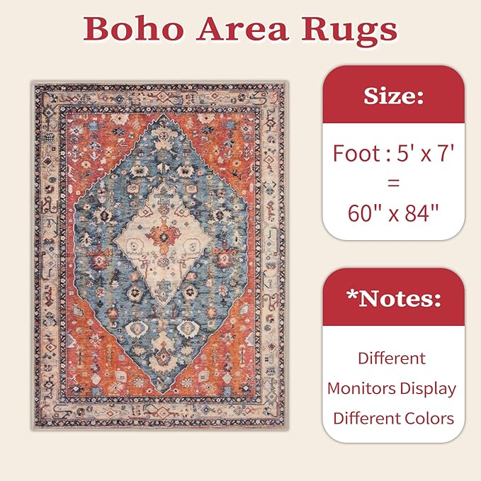 SERISSA 5x7 Boho Tribal Area Rug, Washable Large Rugs for Living Room, Ultra Soft Non-Slip Bedroom Rug Print Distressed Vintage Farmhouse Carpet Rug for Dining Room Dorm Office Home Decor