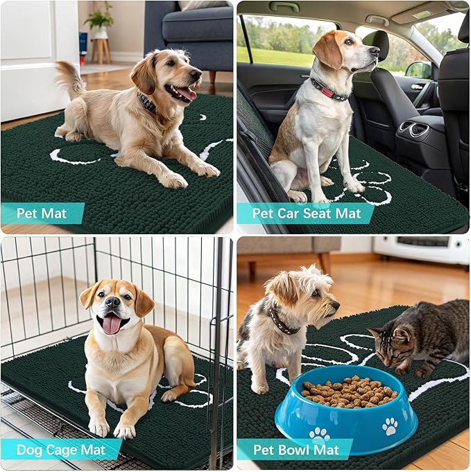 OLANLY Dog Door Mat for Muddy Paws 36x24, Paw Print Design, Absorbs Moisture and Dirt, Absorbent Non-Slip Washable Doormat, Quick Dry Chenille Mud Mat, Entry Indoor Entryway Carpet, Blackish Green