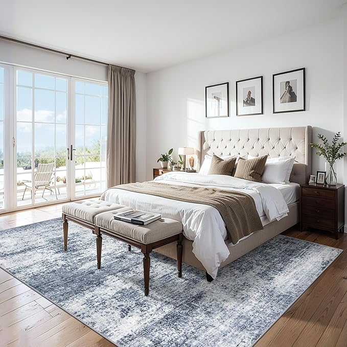 8x10 Area Rugs for Living Room - Washable Rug Modern Abstract Soft Large Neutral Non-Slip Carpet Indoor Floor Thin Carpets for Bedroom Dining Room Farmhouse Nursery Home Office Grey Blue
