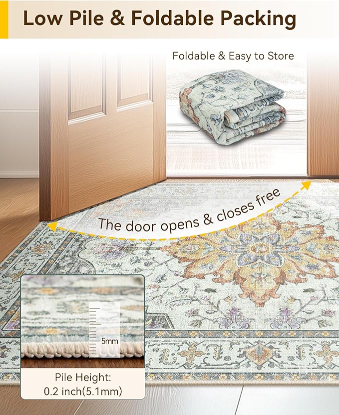 Area Rugs 2'6''x8' Runner Rug Non Slip Washable for Kitchen Hallway Bedroom Beside Laundry Room Bathroom Rug, Floor Carpet, Light Yellow Carbon Grey Orange