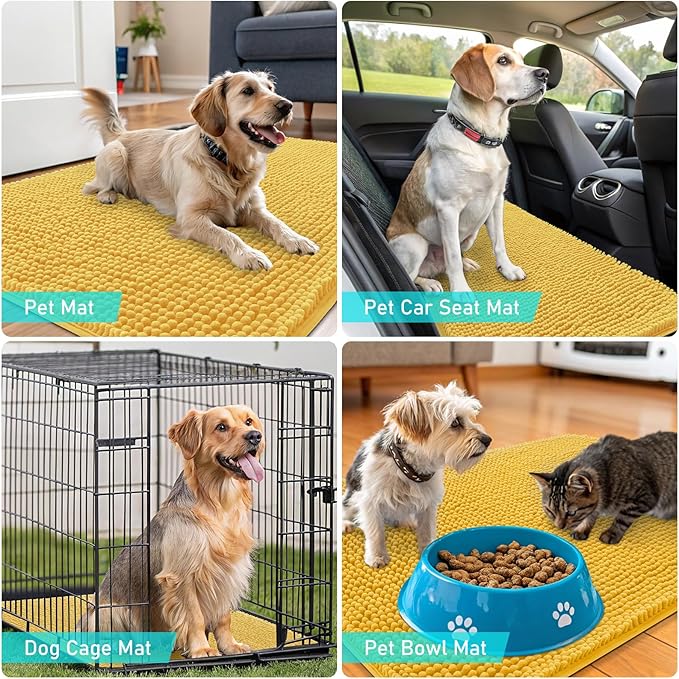 OLANLY Dog Door Mat for Muddy Paws 44x24, Absorbs Moisture and Dirt, Absorbent Non-Slip Washable Doormat, Quick Dry Chenille Mud Mat for Dogs, Entry Indoor Entryway Carpet for Inside Floor, Yellow