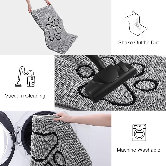 Smiry Dog Door Mat for Muddy Paws, Absorbent Dirt Trapper Non Slip Quick Dry Washable Chenille Mat for Mud Dogs, Entry Rug for Indoor and Outdoor (59x24 Inches, Grey and Black)