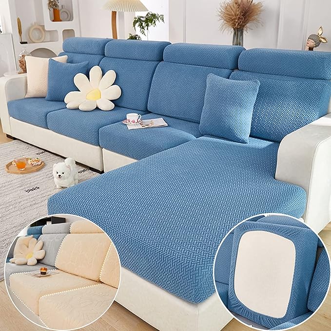 Couch Cushion Covers for Sofa Couch Covers Wear-Resistant Universal Sofa Cover Washable Stretch for Sectional Slipcovers (Texture-Blue,Large Single Seat Cover)