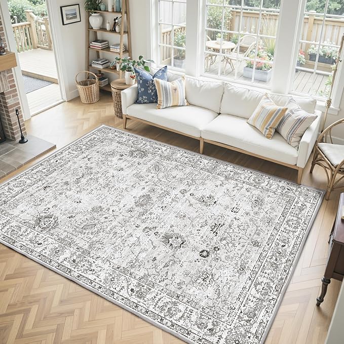 Grey White Area Rugs 5x8 for Living Room Bedroom, Non-Slip Washable Rugs Stain Resistant Boho Rug Low Pile Rug for ‎Dining Room Office (5 x8, Grey White)