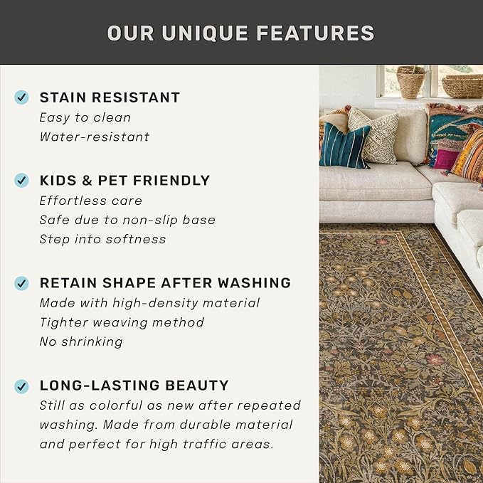Brown 3x8 Vintage Kitchen Runner Rug Stain Resistant, Wide Washable Non Skid Long Runner Rugs for Hallway, Entryway Indoor, Non-Slip Low Pile Ultra Soft Stain Resistant Floral Carpet