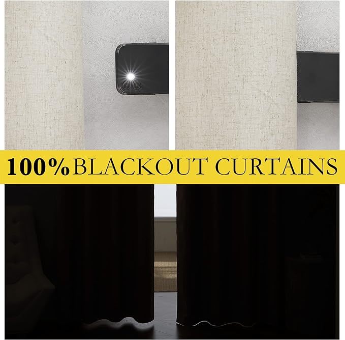 NICETOWN Full Blackout Natural Linen Curtains 102" Length with Thermal Insulated Liners for Living Room, 2 Panels, 62 inches W, Farmhouse Style Keep Warm Large Window Draperies for Hall