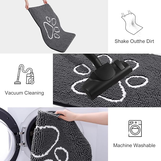 Smiry Dog Door Mat for Muddy Paws, Absorbent Dirt Trapper Non Slip Quick Dry Washable Chenille Mat for Mud Dogs, Entry Rug for Indoor and Outdoor (45x27 Inches, Dark Grey and White)