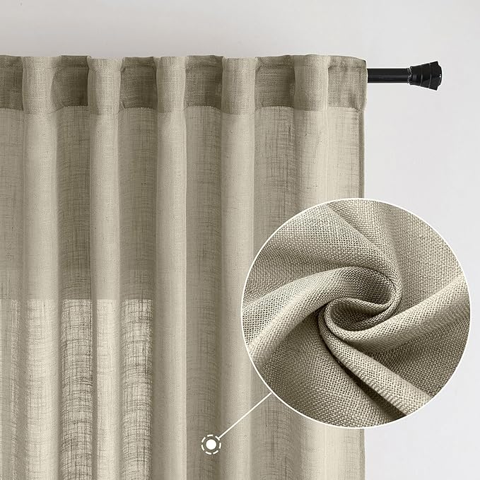 MIULEE Oatmeal Curtains 90 Inch Long 2 Panels for Bedroom Living Room, Soft Thick Textured Natural Window Drapes Light Filtering Back Tab Rod Pocket Burlap Look Decor