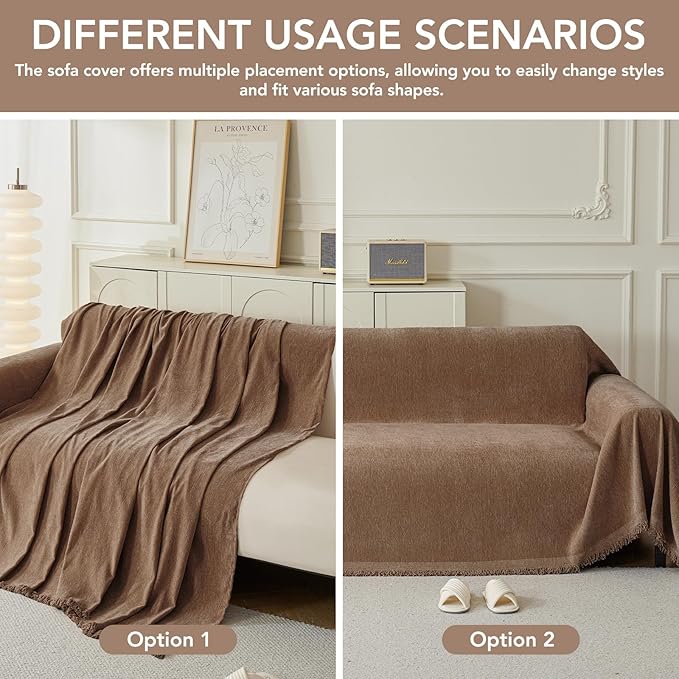 Couch Cover for Dogs, Boho Sofa Covers for 3 Cushion Couch, Chenille Sofa Slipcover for Pets Washable, L-Shape Sectional Couch Loveseat Cover Soft Throw Blankets with Tassels(71x134,Coffee)