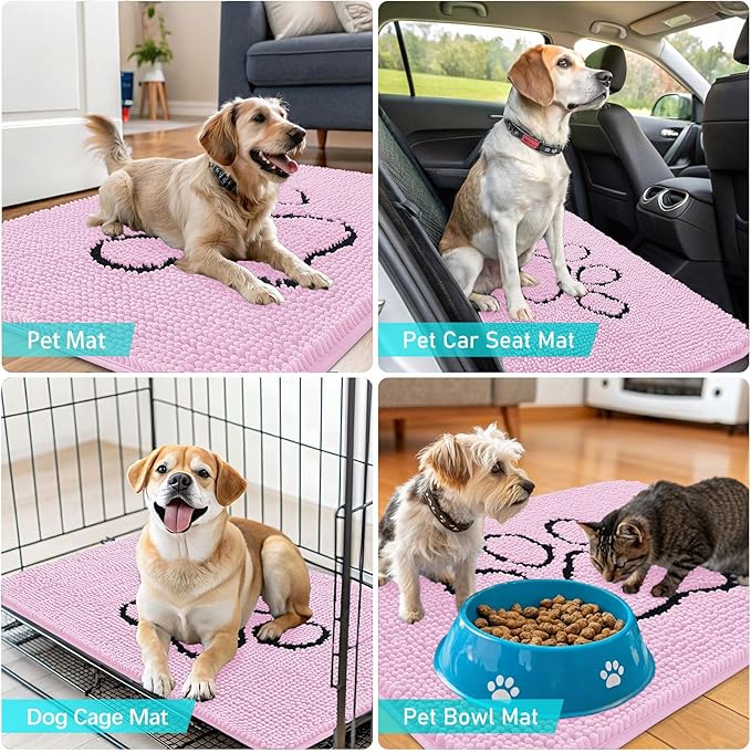OLANLY Dog Door Mat for Muddy Paws 30x20, Paw Print Design, Absorbs Moisture and Dirt, Absorbent Non-Slip Washable Doormat, Quick Dry Chenille Mud Mat for Dogs, Entry Indoor Entryway Carpet, Pink