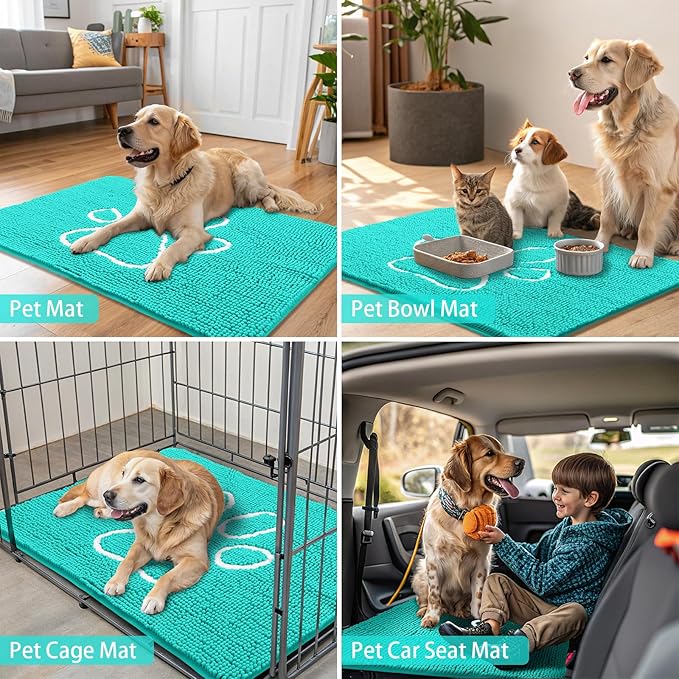Smiry Dog Door Mat for Muddy Paws, Absorbent Dirt Trapper Non Slip Quick Dry Washable Chenille Mat for Mud Dogs, Entry Rug for Indoor and Outdoor (59x35 Inches, Turquoise and White)