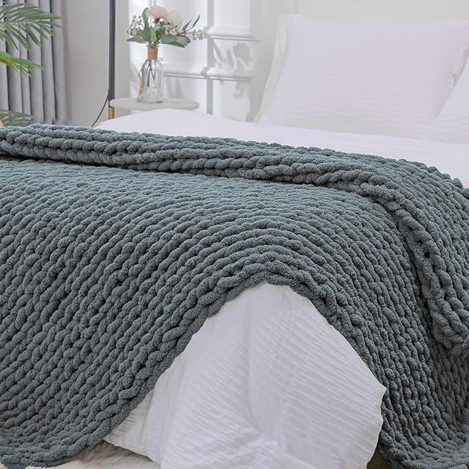Bigacogo Chunky Knit Throw Blanket for Couch, 80x90 inches, 100% Hand Knitted with Thick Jumbo Chenille Yarn, Cozy Soft Large Rope Knot Cable Crochet Blankets for Sofa Bed Living Room, Iron Gray