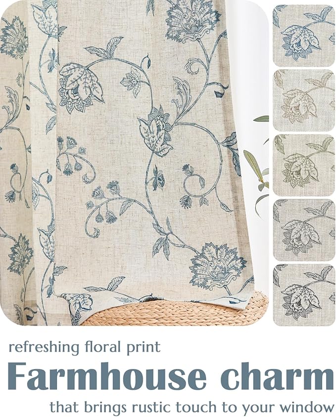 jinchan Linen Curtains Floral Curtain 84 Inch Length for Living Room Bedroom Light Filtering Rod Pocket Back Tab Jacobean Curtains Flax Linen Texture Window Drapes Set 2 Panels Blue on Linen