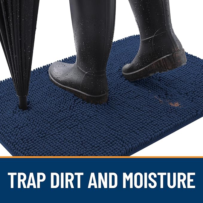 OLANLY Dog Door Mat for Muddy Paws 40x24, Absorbs Moisture and Dirt, Absorbent Non-Slip Washable Doormat, Quick Dry Chenille Mud Mat for Dogs, Entry Indoor Entryway Carpet for Inside Floor, Dark Blue
