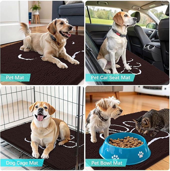 OLANLY Dog Door Mat for Muddy Paws 24x16, Paw Print Design, Absorbs Moisture and Dirt, Absorbent Non-Slip Washable Doormat, Quick Dry Chenille Mud Mat for Dogs, Entry Indoor Entryway Carpet, Brown