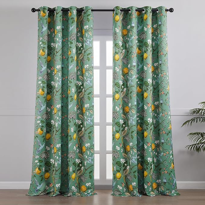 Topfinel 94 Inches Long Custom Curtains, Unique Cottagecore Whimsical Vintage Pretty Fun Floral Hummingbird Patterned Double Sided Grommet Green Print Drapes Two Pages for Bedroom Living Room Dining