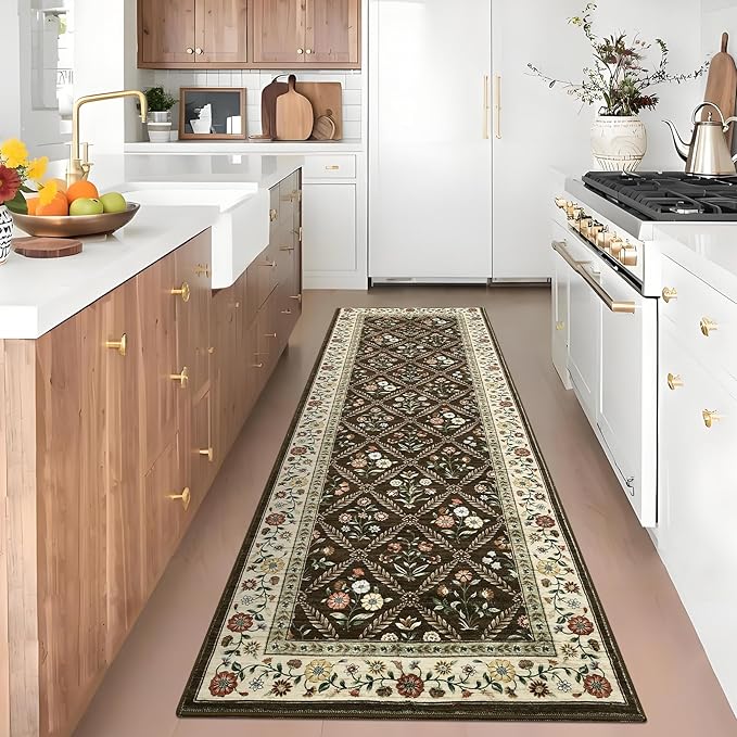 Runner Rug for Hallway Entryway 2.5x8 Farmhouse Floral Non-Slip Machine Washable Kitchen Rug Runner Non-Shedding Low-Pile Soft Long Carpet for Entrance Laundry Room Brown