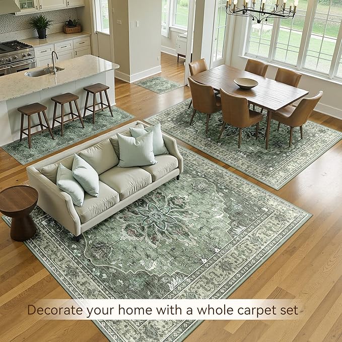 Area Rugs 5'x8' Washable Non-Slip, Floral Vintage Distress Print Pattern Medallion Carpet for Living Room Bedroom Dining Room, Dark Green Gray