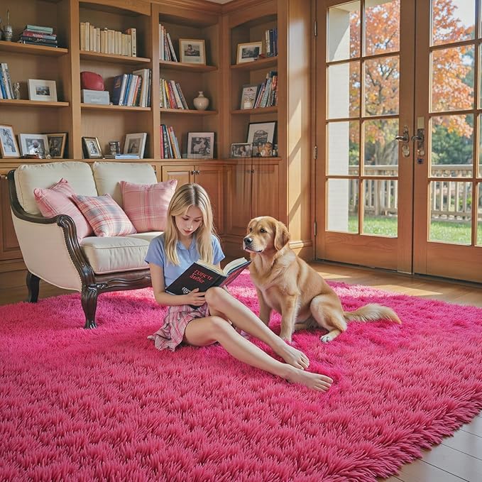Area Rugs 9x12 Living Room, Shaggy Carpet Soft Plush Furry Bedside Rug Large Area Rugs for Bedroom Kids Girls Boys Home Decor Anti Slip(9 x 12, Hot Pink)