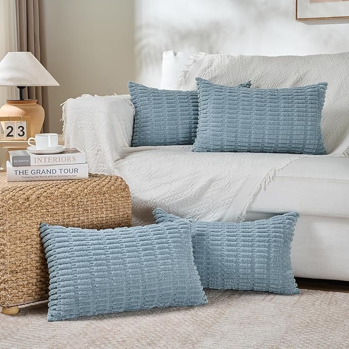 Fancy Homi 4 Packs Boho Light Blue Decorative Throw Pillow Covers 14x24 Inch for Couch Bed Sofa, Rustic Modern Farmhouse Home Decor, Soft Plush Corduroy Cute Rectangle Cushion Case 35x60 cm
