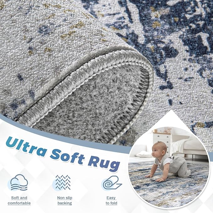 Area Rugs 2x8 Runner Rug: Washable Hallway Rug Modern Abstract Neutral Soft Non-Slip Low-Pile Indoor Carpet for Kitchen Bedside Entrance Laundry (Blue Grey Brown, 2'x8')