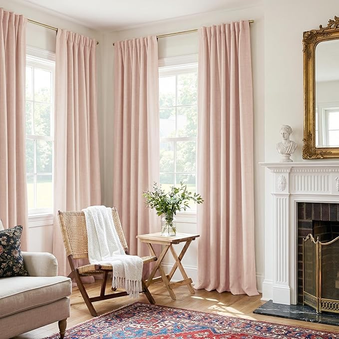 100% Blackout Shield Creamy Peach Linen Blackout Curtains for Bedroom 96 Inches Long, Back Tab/Rod Pocket Living Room Drapes, Thermal Insulated Blackout Curtains 2 Panels Set, 50" W x 96" L
