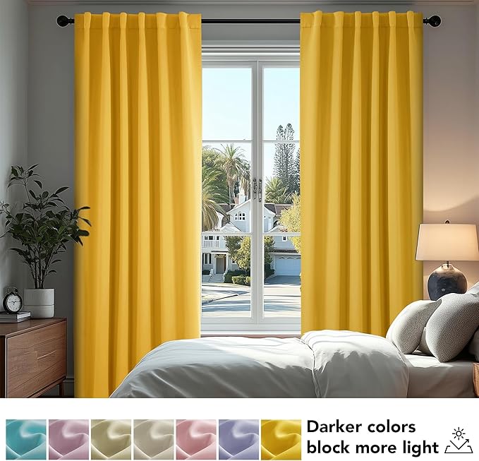 Deconovo Solid Back Tab and Rod Pocket Curtains Thermal Insulated Blackout Window Curtains for Kitchen 52Wx54L Inch Mellow Yellow 2 Panels