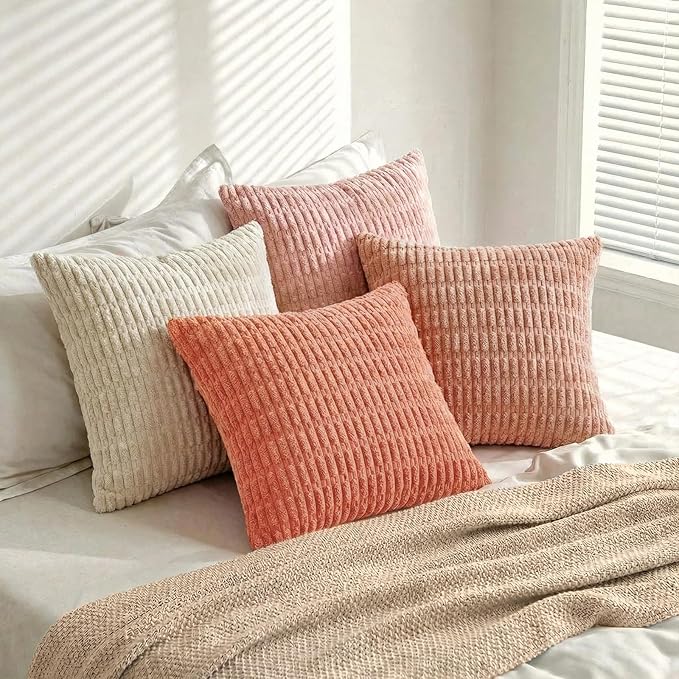 Fancy Homi 4 Packs Boho Blush Pink Euro Decorative Throw Pillow Covers 26x26 Inch for Living Room Bed, Soft Plush Striped Corduroy Square Light Pink Coral Peach Cream Colorful Cushion Case 66x66 cm