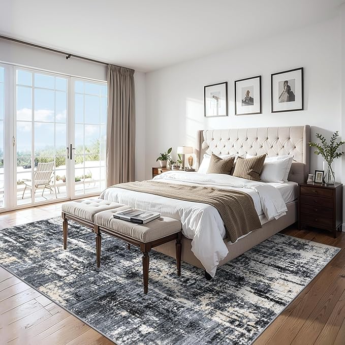 Area Rugs 10x14 Living Room - Washable Rug Modern Abstract Soft Large Neutral Non-Slip Carpet Indoor Floor Thin Carpets for Bedroom Dining Room Farmhouse Nursery Home Office Black Gold